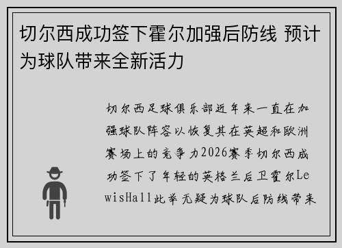 切尔西成功签下霍尔加强后防线 预计为球队带来全新活力