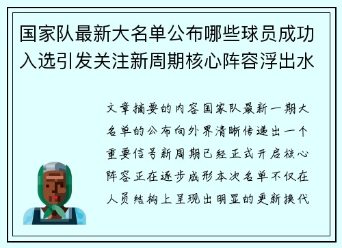 国家队最新大名单公布哪些球员成功入选引发关注新周期核心阵容浮出水面